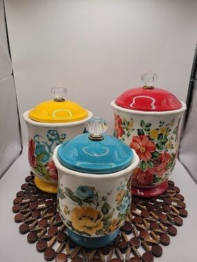 Floral Ceramic Canister with Turquoise Lid